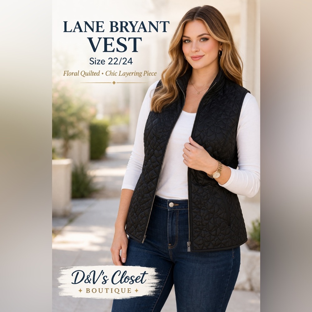Lane Bryant Black Quilted Vest Size 22/24 Floral Textured Lightweight Layering